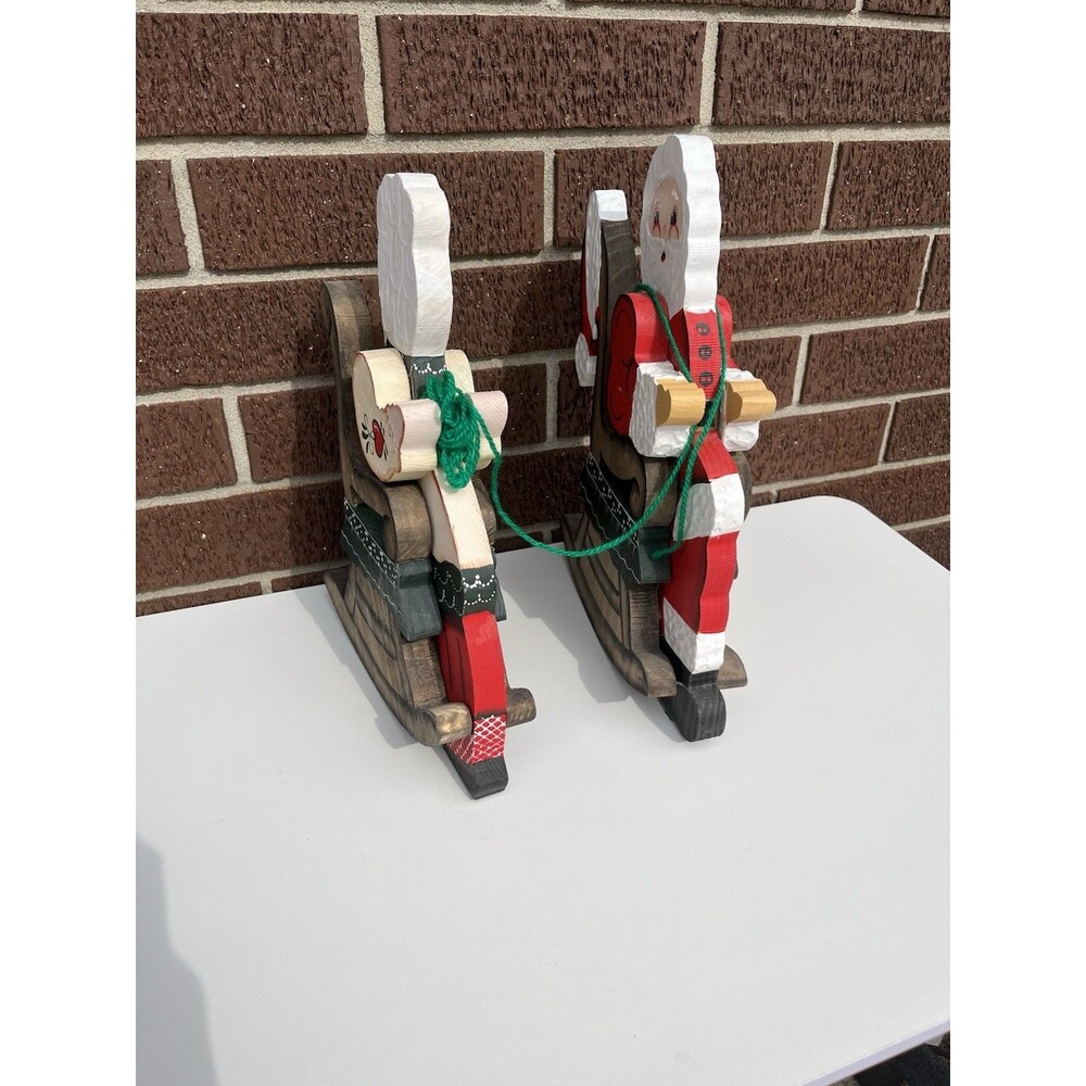 VTG Santa & Mrs Claus Rocking Chairs With Yarn Knitting Wooden Shelf Sitters - Picture 3 of 5